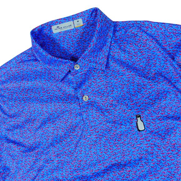 Peter Millar Featherweight McArthur Golf Club Whale Print Polo Shirt Mens Medium - Picture 1 of 6